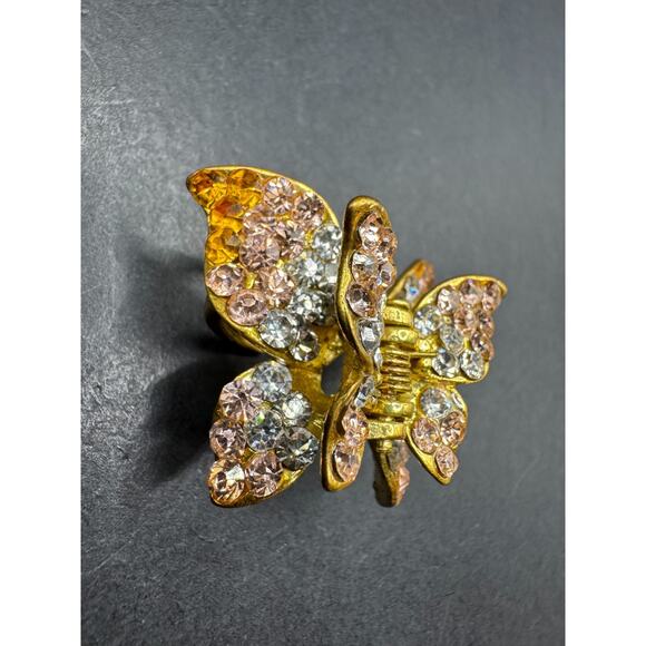 Vintage QS Signed Butterfly Hair Claws Metal Gold Tone Clear Rhinestones - Picture 2 of 10